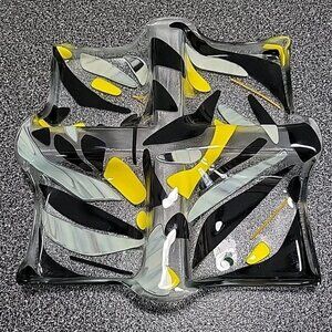 Art Glass Divided Section Dish Tray Abstract Clear Yellow Black